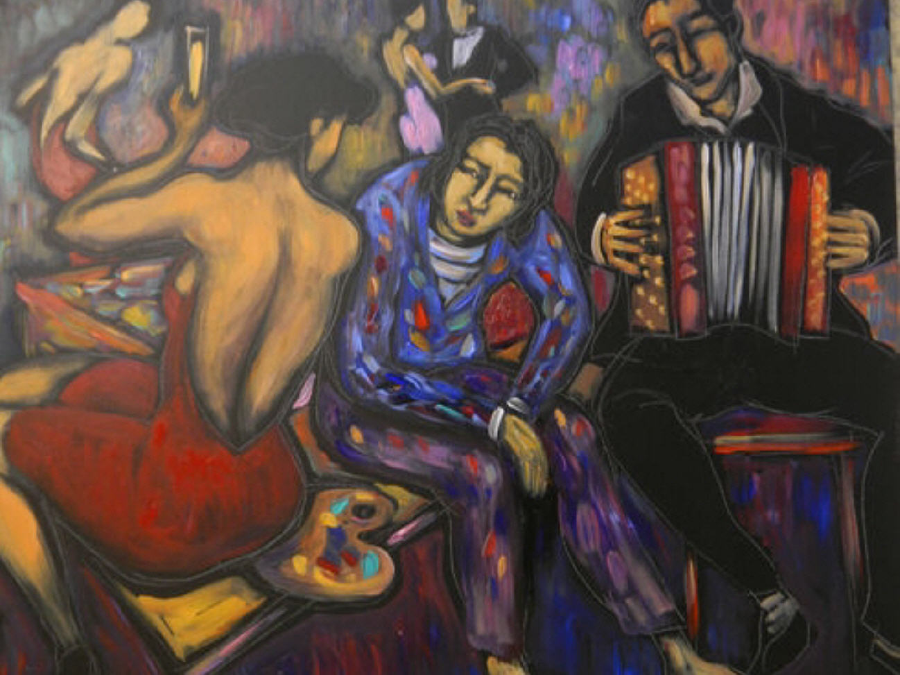 DERNIERE FETE AVANT DEPART DANS L'ATELIER DE L'ARTISTE, acrylique sur TOILE GRAND FORMAT 50X70CM
