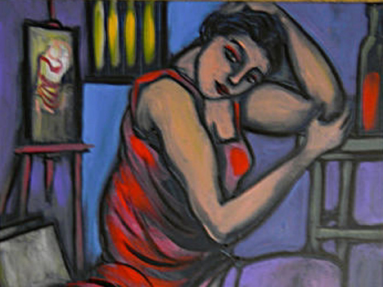 LA PAUSE APRES POSE DANS L'ATELIER DE L'ARTISTE, acrylique sur TOILE GRAND FORMAT 50X70CM